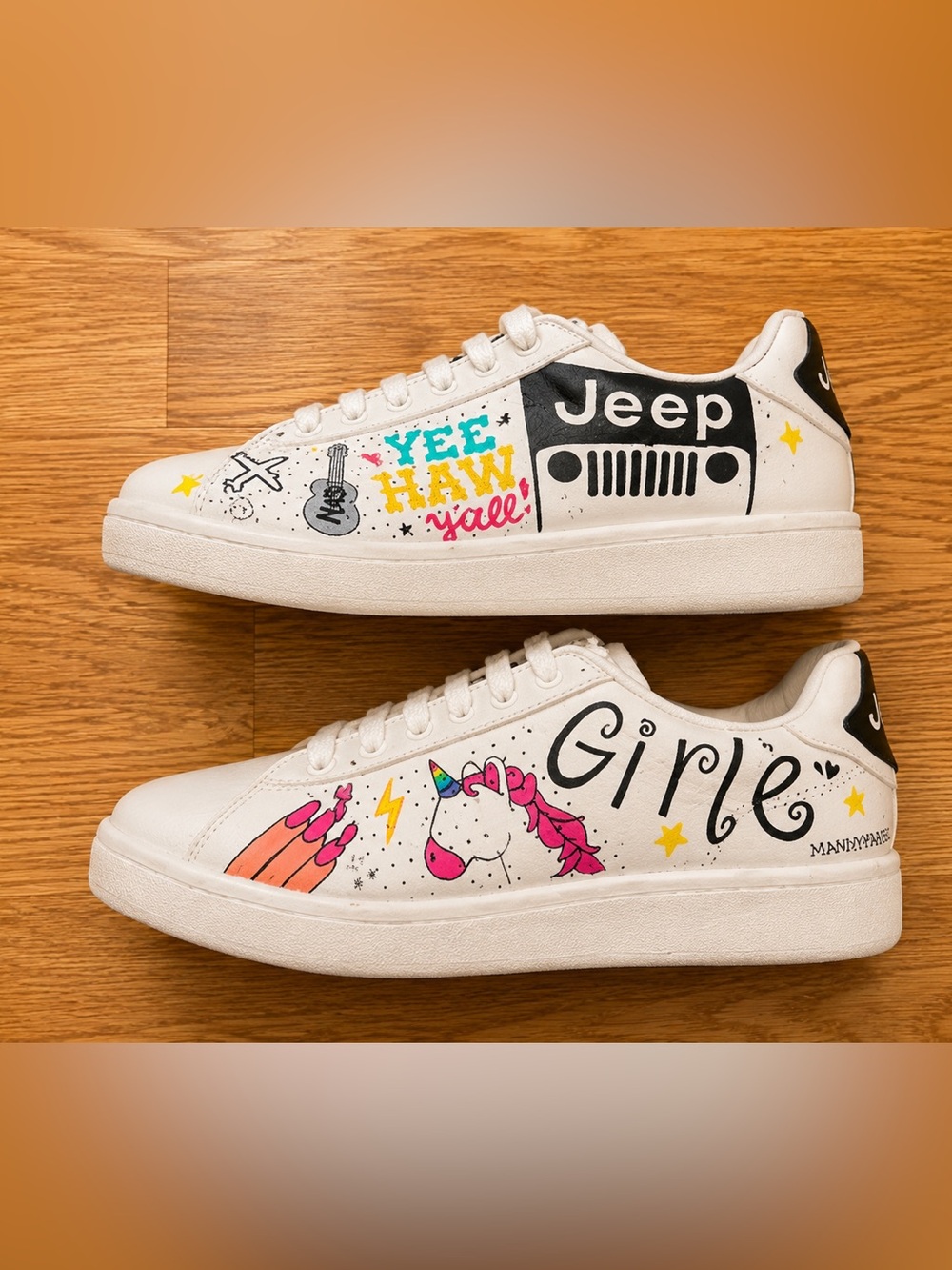adidas White Sneakers with Hand-Drawn Unicorn, Turtle & Doodles